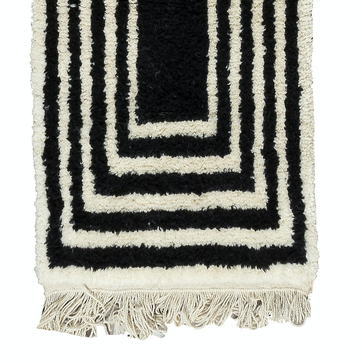 Handmade Tulu Runner Rug Made of Black and Cream Wool. Custom Options Available For Sale 1