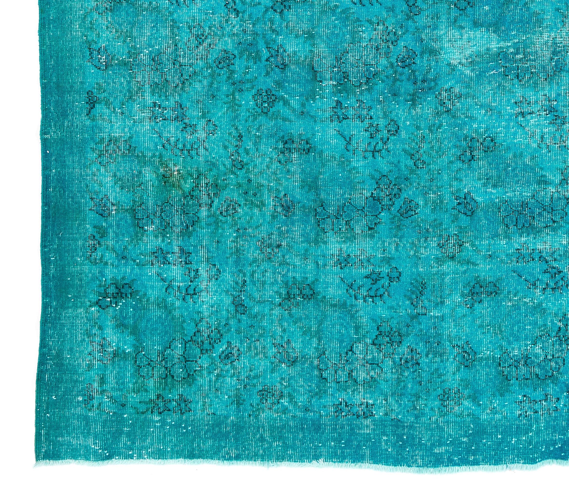 Modern  7.6x10.9 Ft Vintage Handmade Turkish Wool Area Rug Over-dyed in Teal Blue