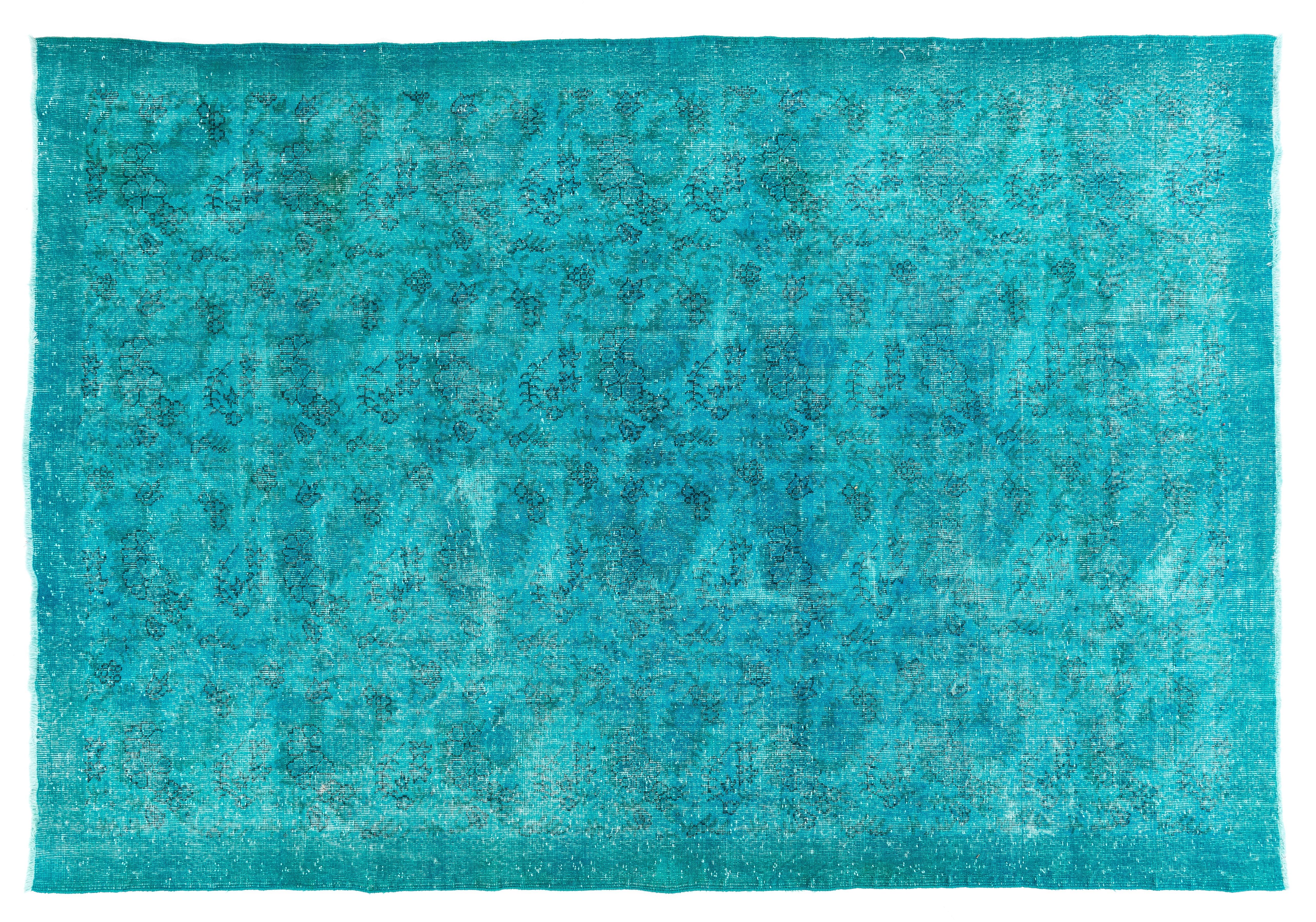  7.6x10.9 Ft Vintage Handmade Turkish Wool Area Rug Over-dyed in Teal Blue In Good Condition In Philadelphia, PA