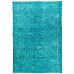  7.6x10.9 Ft Vintage Handmade Turkish Wool Area Rug Over-dyed in Teal Blue