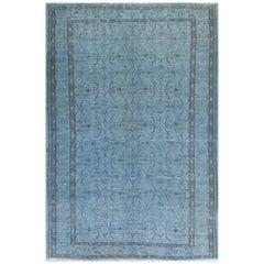 6x9 Ft Vintage Turkish Rug OverDyed in Cerulean Blue Color. Wool Handmade Carpet