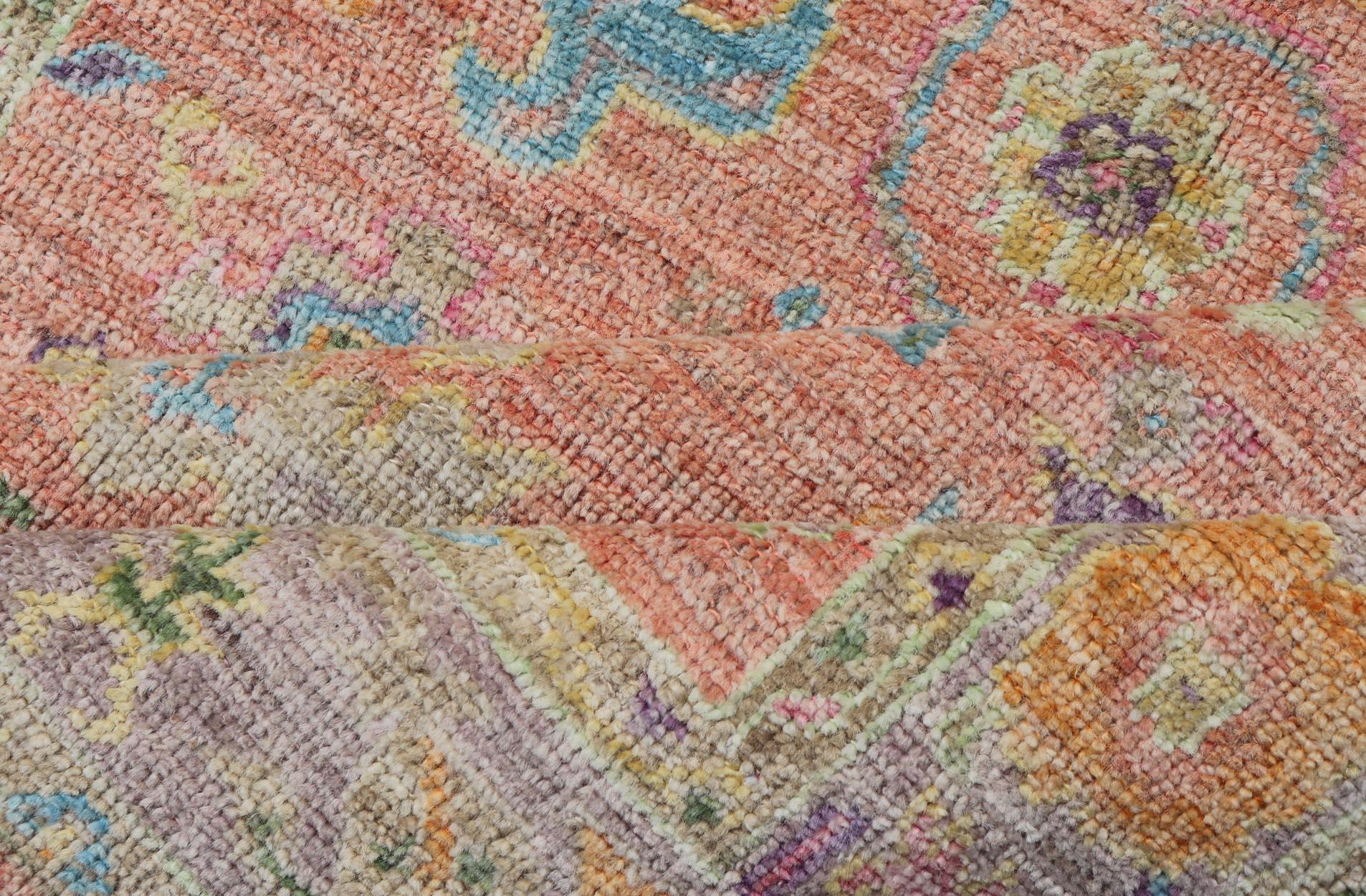 Hand Knotted Turkish Floral Oushak with Orange Background and Lilac Border  For Sale 2