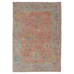 Hand Knotted Turkish Floral Oushak with Orange Background and Lilac Border 
