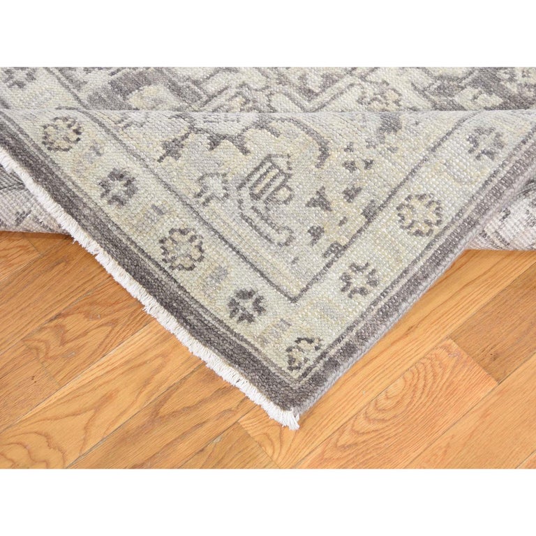 Hand Knotted Turkish Knot Oushak Cropped Thin Grey Pure Wool Rug at 1stdibs