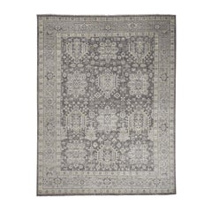 Hand Knotted Turkish Knot Oushak Cropped Thin Grey Pure Wool Rug