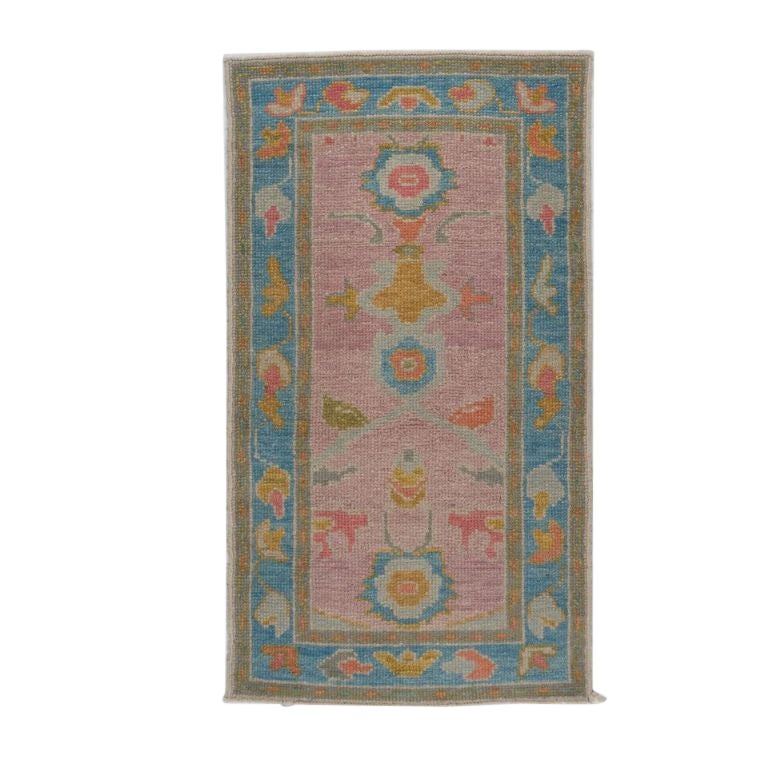 Hand-Knotted Turkish Oushak Wool Rug 2x4 Pink Blue Floral Accent