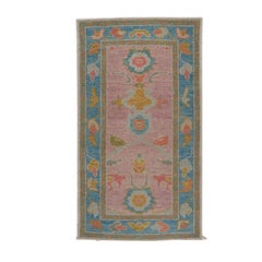 Handgeknüpfter türkischer Oushak-Wollteppich, 2 x 4, rosa-blaue Blumenmuster