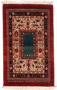 Hand-Knotted Turkish Qashqai Wool Rug in Red and Blue, 2' x 3'