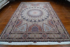 Hand-Knotted Turkish Tabriz Gonbad Rug, Wool & Pure Silk Medallion Carpet