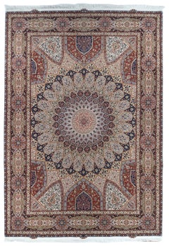 Hand-Knotted Turkish Tabriz Gonbad Rug, Wool & Pure Silk Medallion Carpet