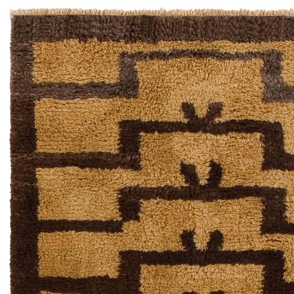 Scandinavian Modern Hand-Knotted Turkish Tulu Rug with Ascending Arches in Mustard and Brown Colors For Sale