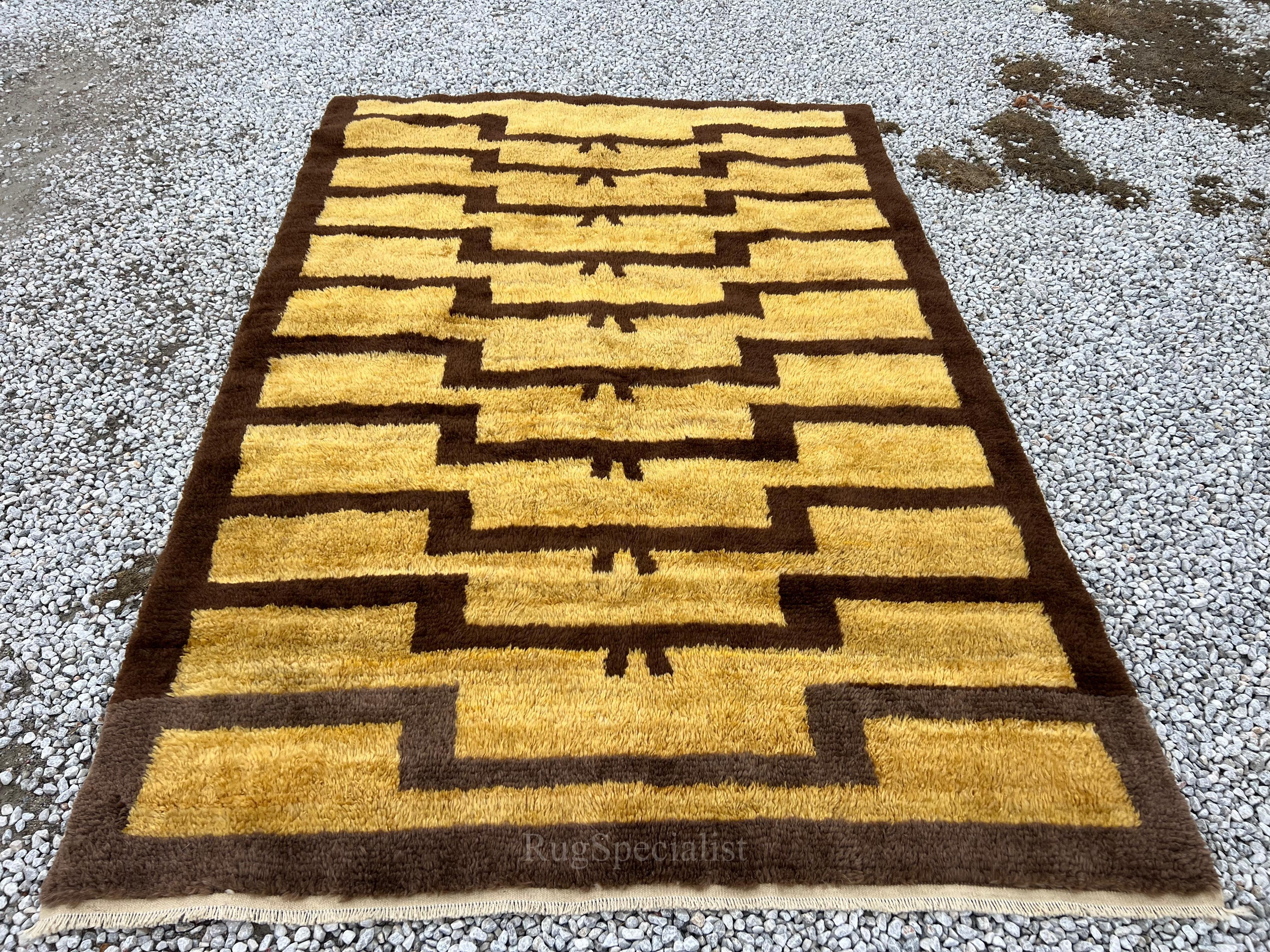 Wool Hand-Knotted Turkish Tulu Rug with Ascending Arches in Mustard and Brown Colors For Sale