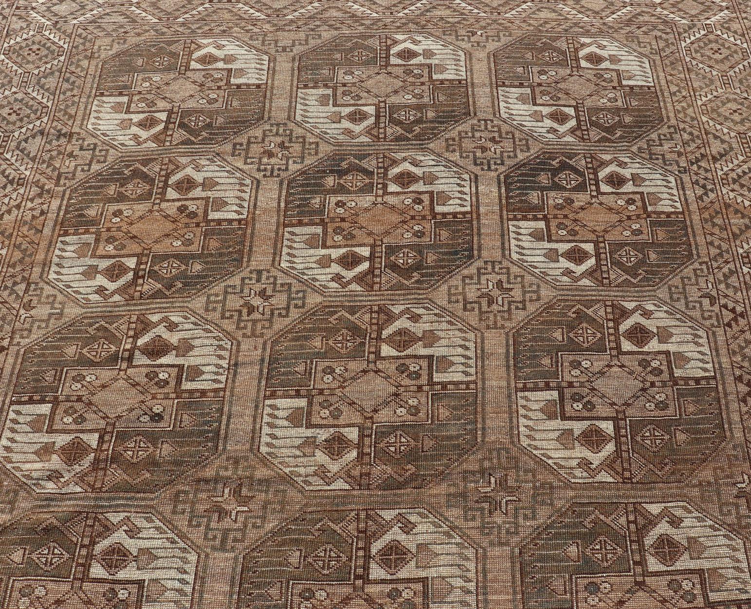 Islamic Hand-Knotted Turkomen Ersari Rug in Wool with All-Over Sub-Geometric Gul Design For Sale