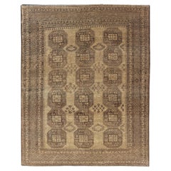 Hand-Knotted Turkomen Ersari Rug in Wool with Gul Design in Brown, Tan and Taupe