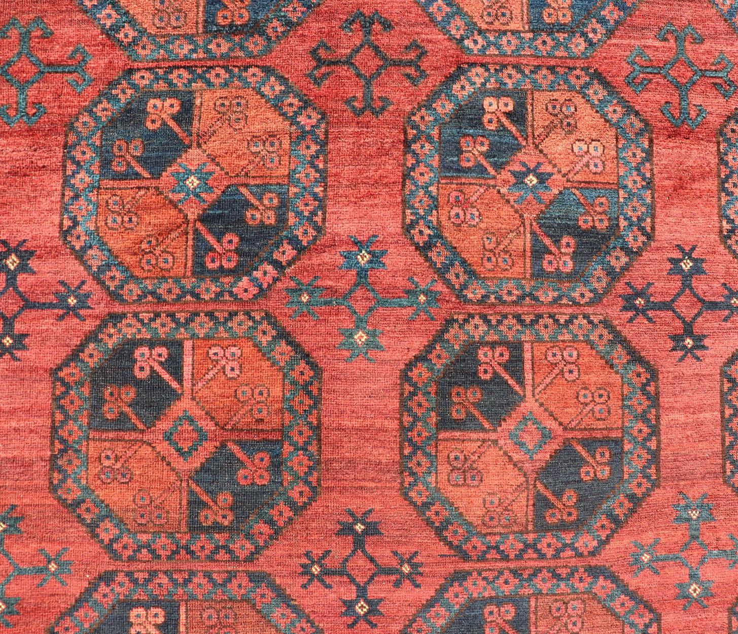 Hand-Knotted Turkomen Ersari Rug in Wool with Gul Design in Red, Orange and Blue For Sale 5