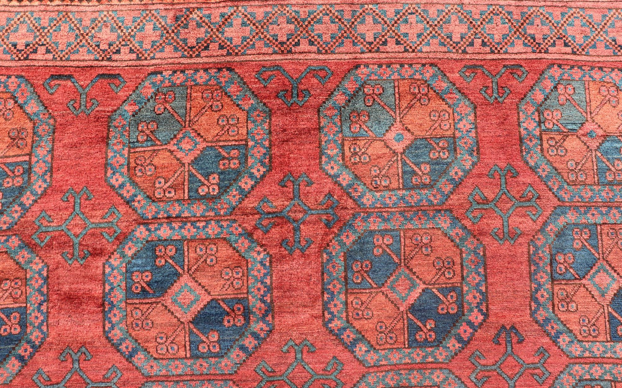 Hand-Knotted Turkomen Ersari Rug in Wool with Gul Design in Red, Orange and Blue For Sale 6