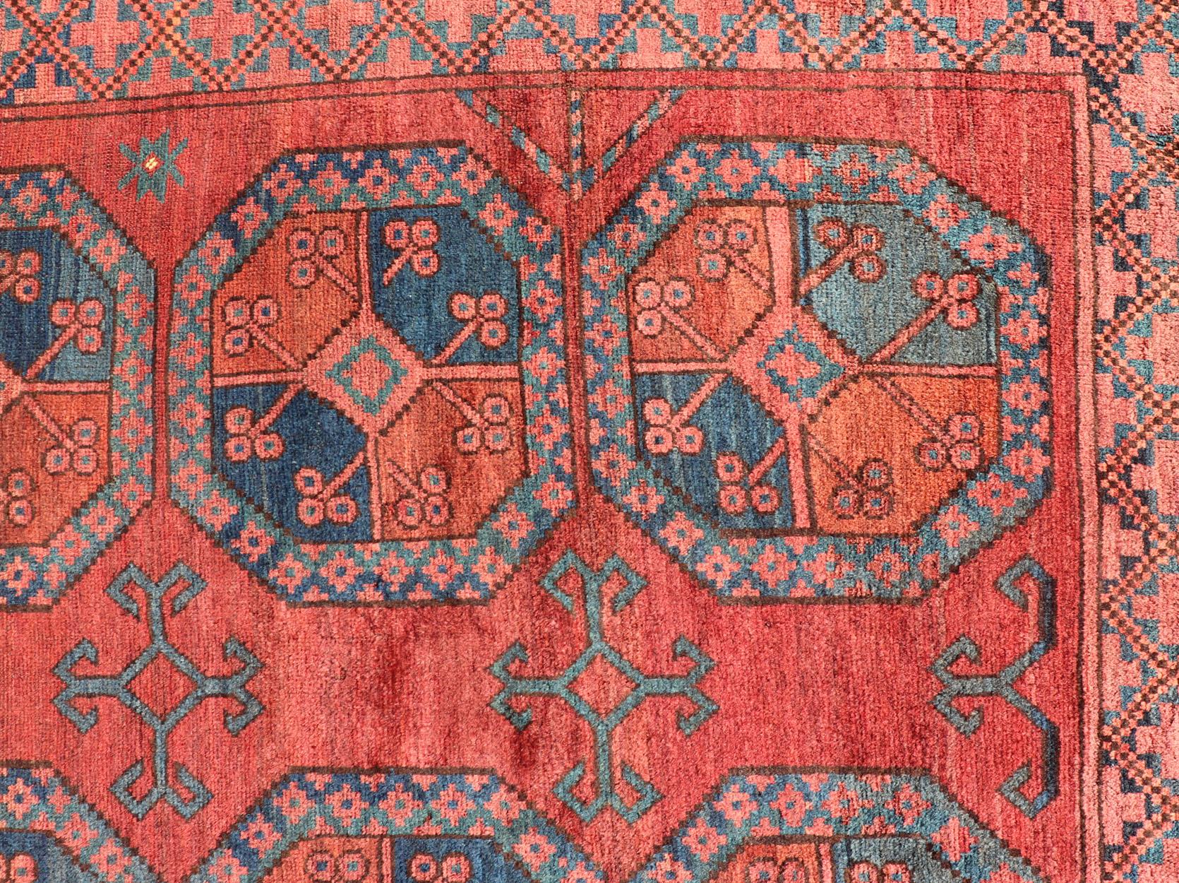 Hand-Knotted Turkomen Ersari Rug in Wool with Gul Design in Red, Orange and Blue For Sale 7