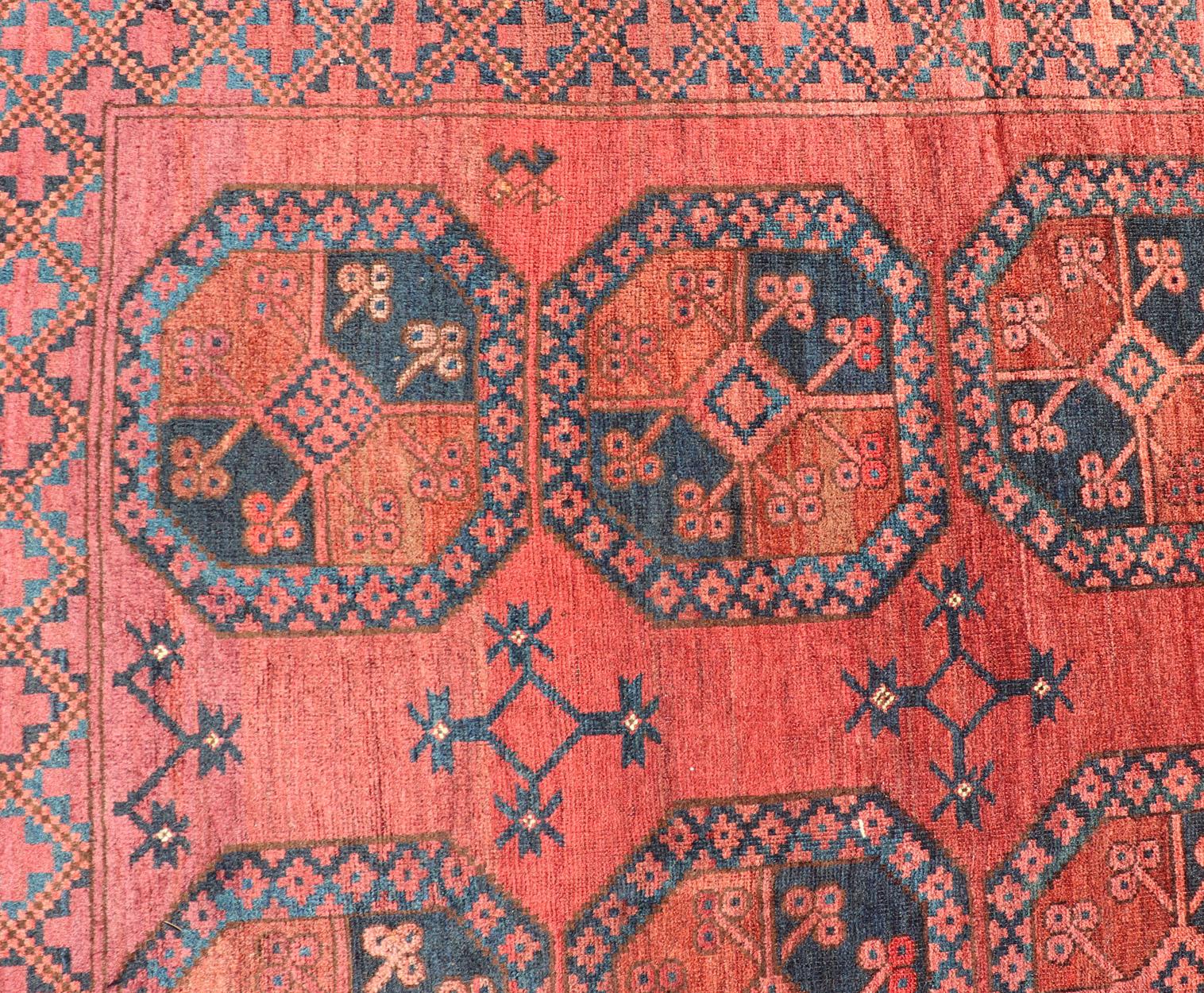 Hand-Knotted Turkomen Ersari Rug in Wool with Gul Design in Red, Orange and Blue For Sale 8