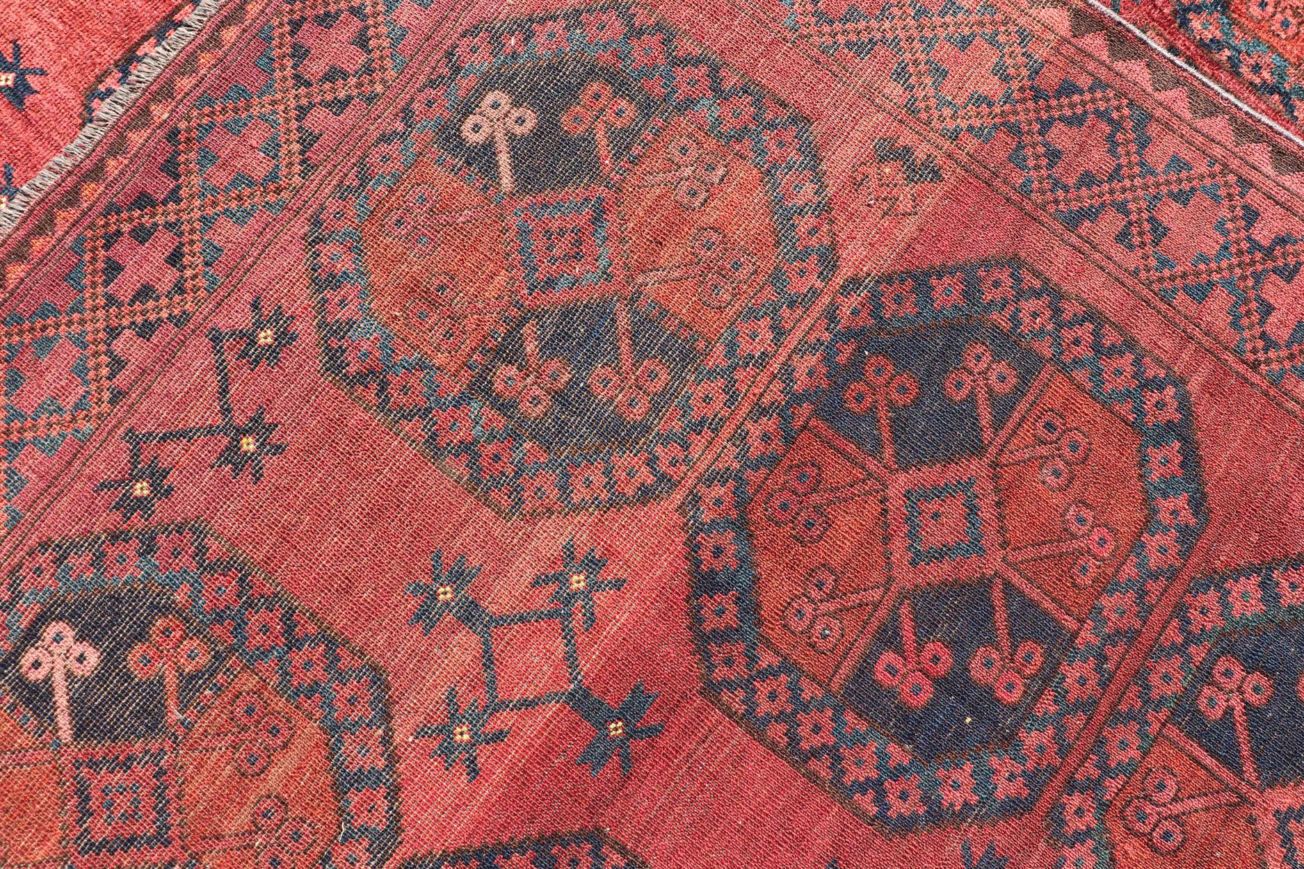 Hand-Knotted Turkomen Ersari Rug in Wool with Gul Design in Red, Orange and Blue For Sale 10