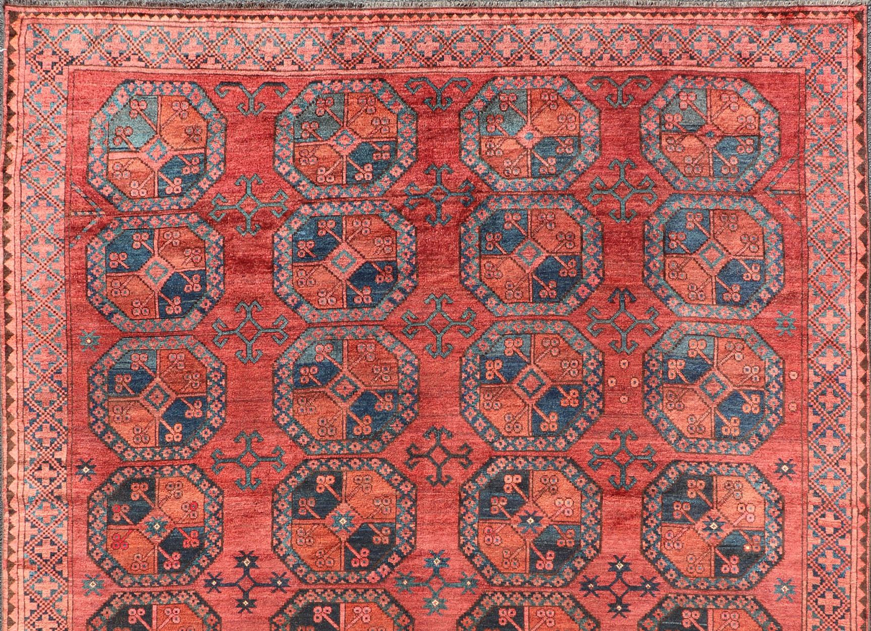 20th Century Hand-Knotted Turkomen Ersari Rug in Wool with Gul Design in Red, Orange and Blue For Sale