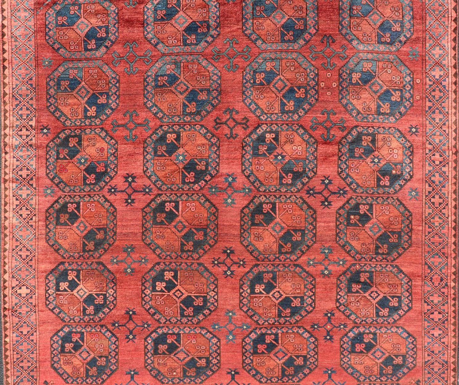 Hand-Knotted Turkomen Ersari Rug in Wool with Gul Design in Red, Orange and Blue For Sale 1