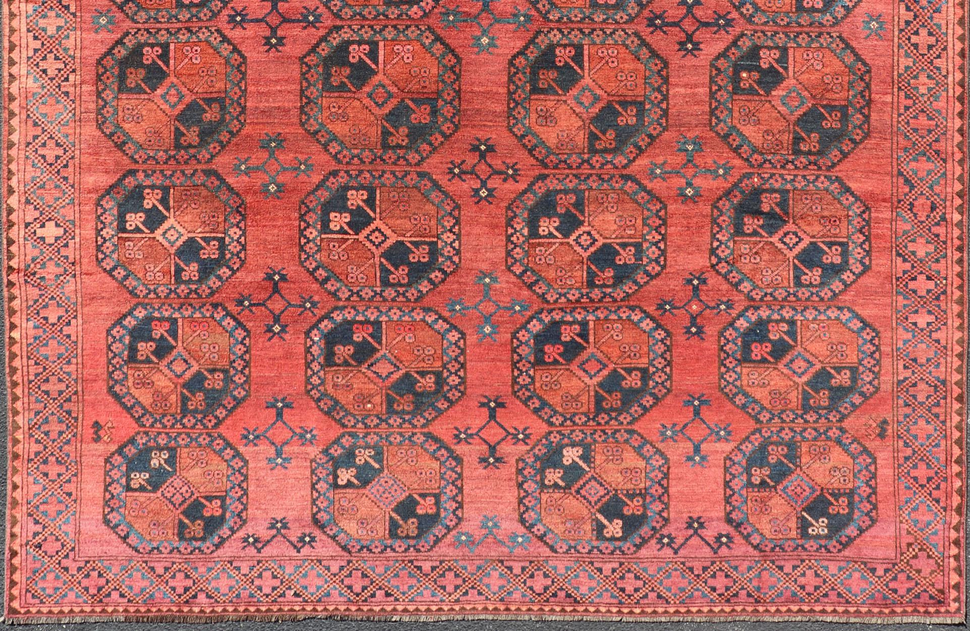 Hand-Knotted Turkomen Ersari Rug in Wool with Gul Design in Red, Orange and Blue For Sale 2