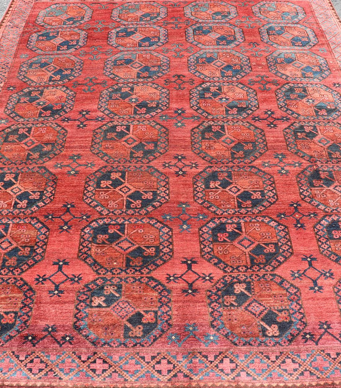 Hand-Knotted Turkomen Ersari Rug in Wool with Gul Design in Red, Orange and Blue For Sale 3