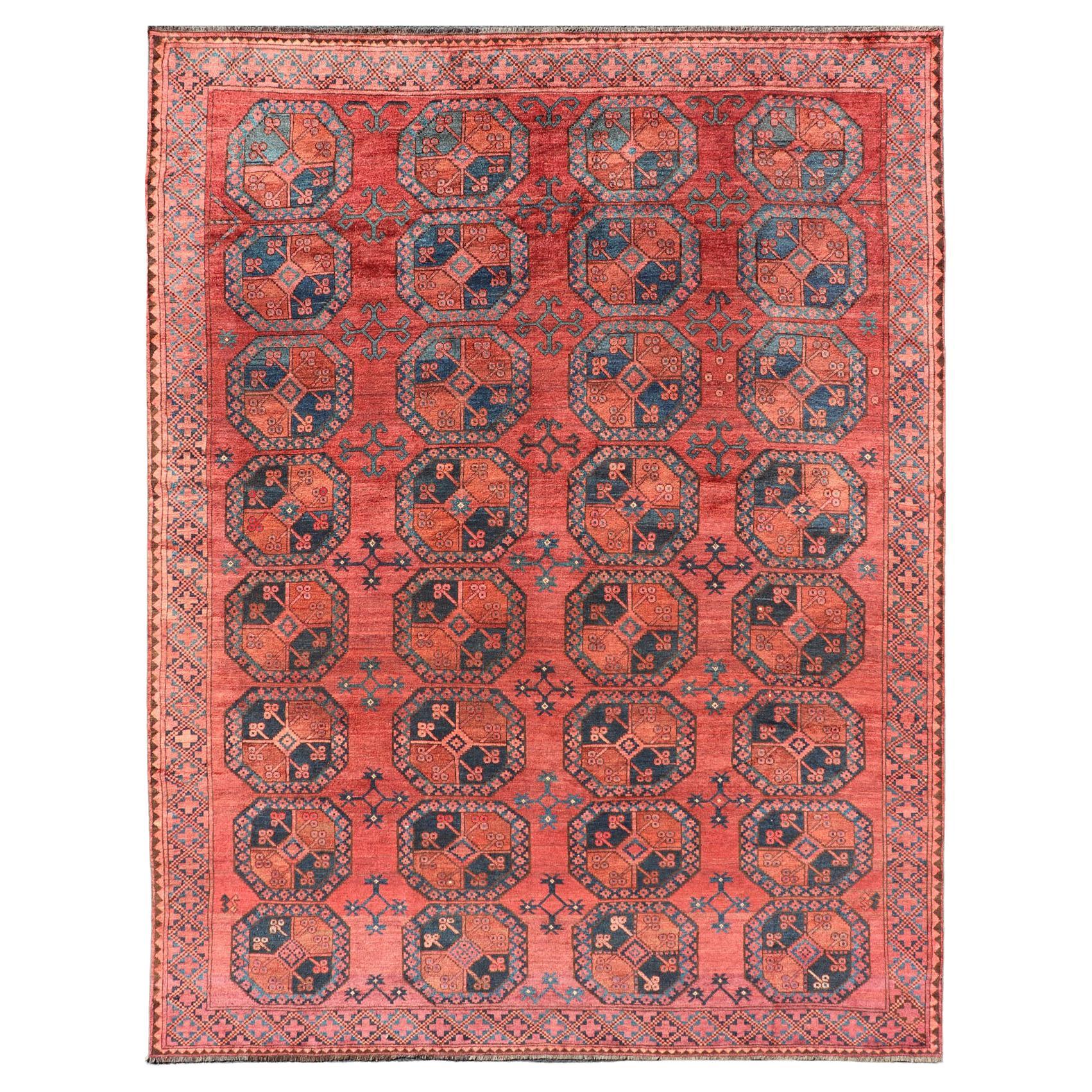 Hand-Knotted Turkomen Ersari Rug in Wool with Gul Design in Red, Orange and Blue
