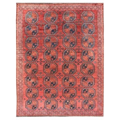 Hand-Knotted Turkomen Ersari Rug in Wool with Gul Design in Red, Orange and Blue