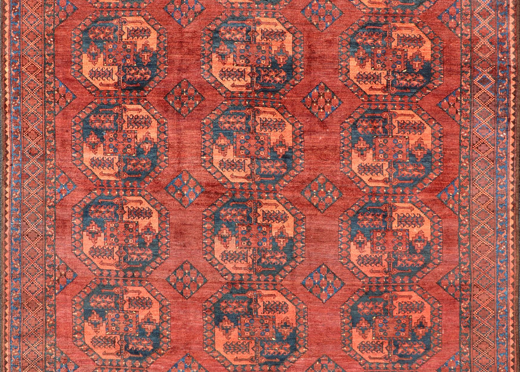 Tribal Hand-Knotted Turkomen Ersari Rug in Wool with Repeating Sub-Geometric Gul Design For Sale
