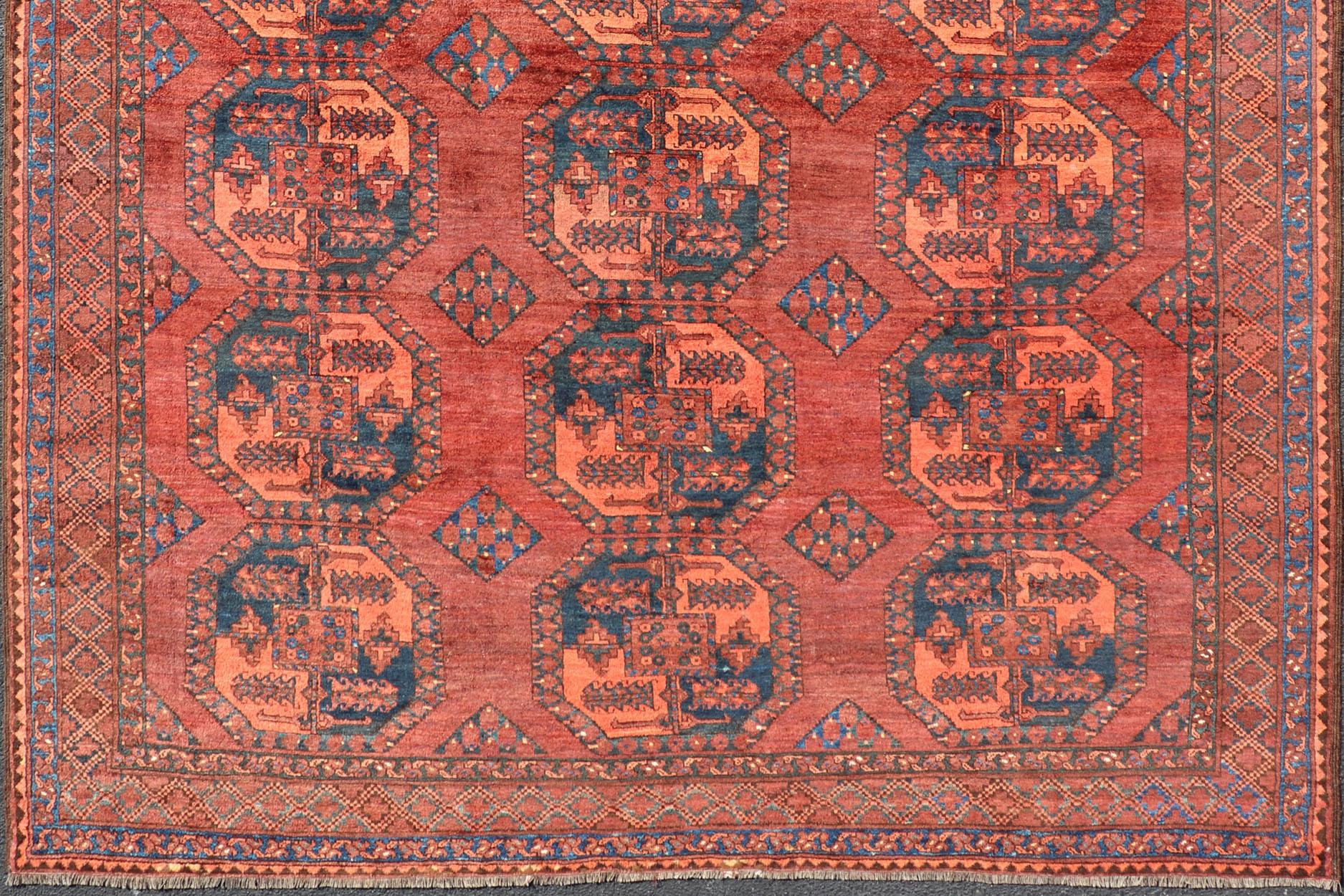 Turkestan Hand-Knotted Turkomen Ersari Rug in Wool with Repeating Sub-Geometric Gul Design For Sale