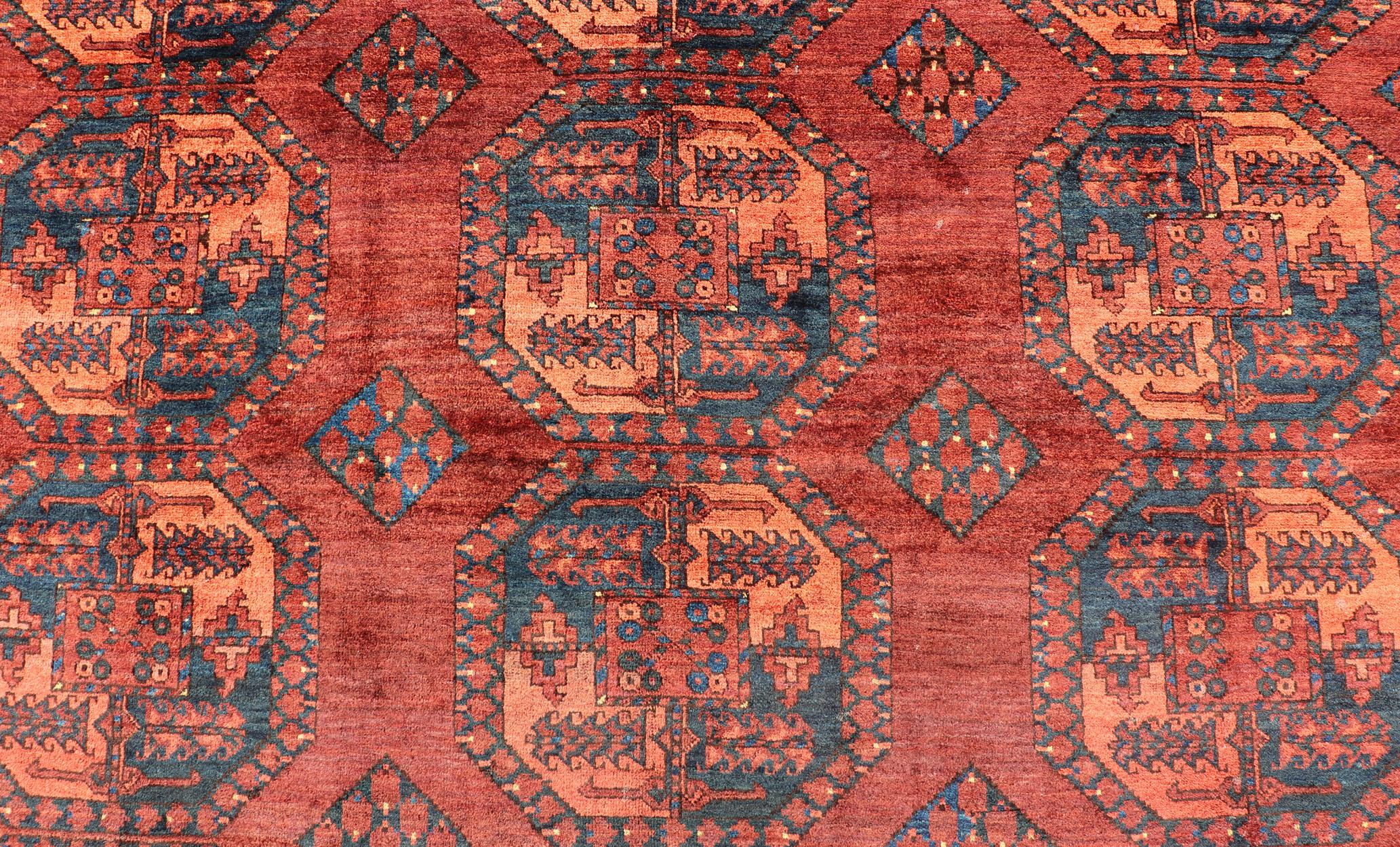20th Century Hand-Knotted Turkomen Ersari Rug in Wool with Repeating Sub-Geometric Gul Design For Sale