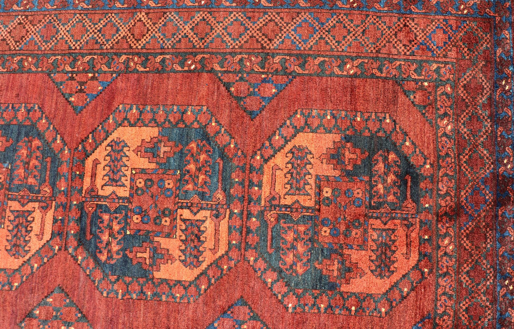 Hand-Knotted Turkomen Ersari Rug in Wool with Repeating Sub-Geometric Gul Design For Sale 1