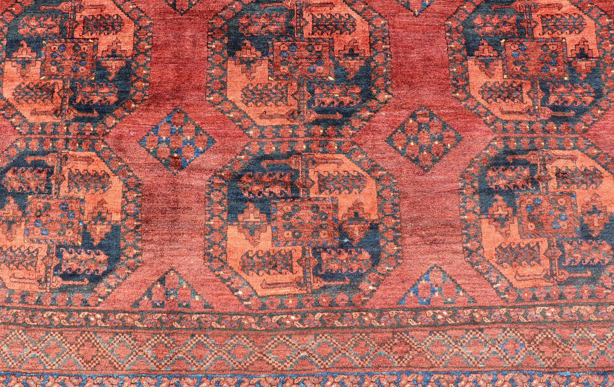 Hand-Knotted Turkomen Ersari Rug in Wool with Repeating Sub-Geometric Gul Design For Sale 2