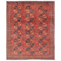 Hand-Knotted Turkomen Ersari Rug in Wool with Repeating Sub-Geometric Gul Design