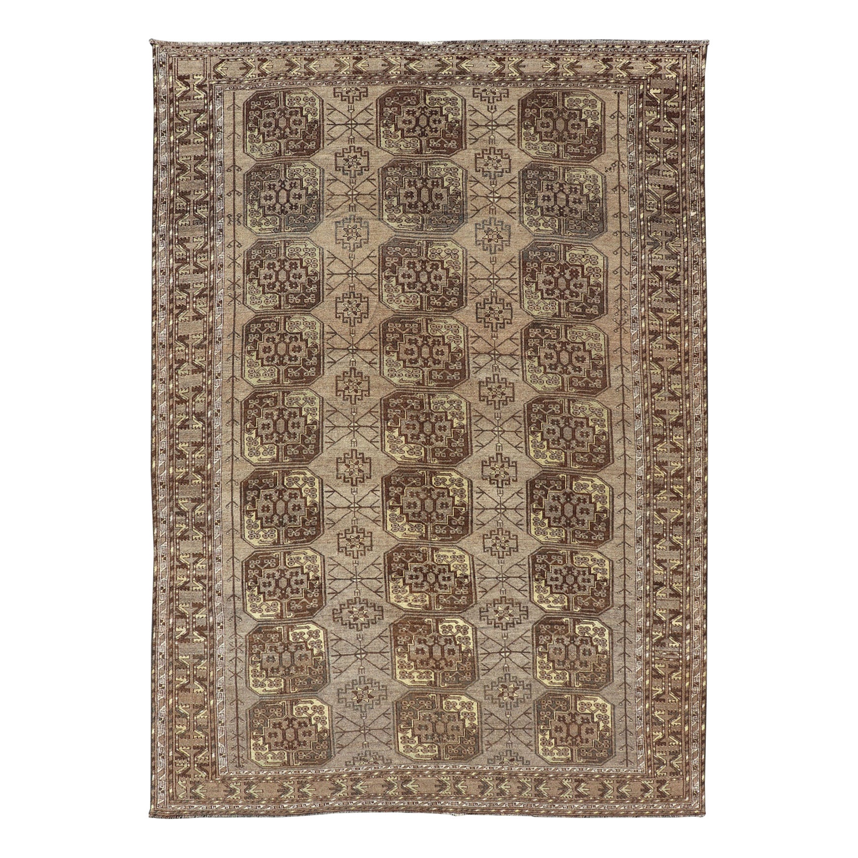 Tapis Turkomen Ersari en laine noué à la main avec motif de Gul sub géométrique répétitif