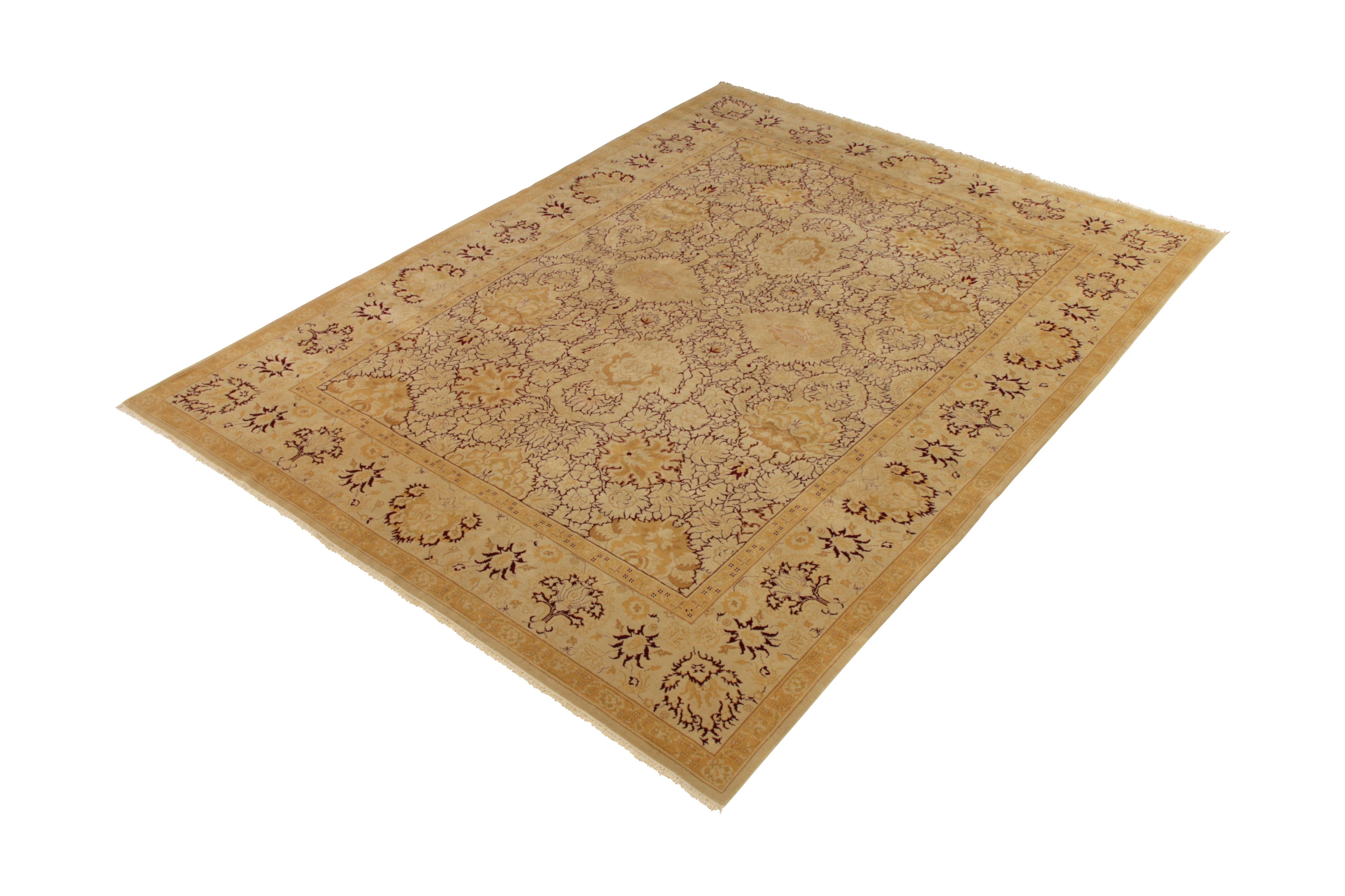 Romanian Hand-Knotted Vintage Agra Style Rug in Beige Gold All Over Floral Pattern For Sale