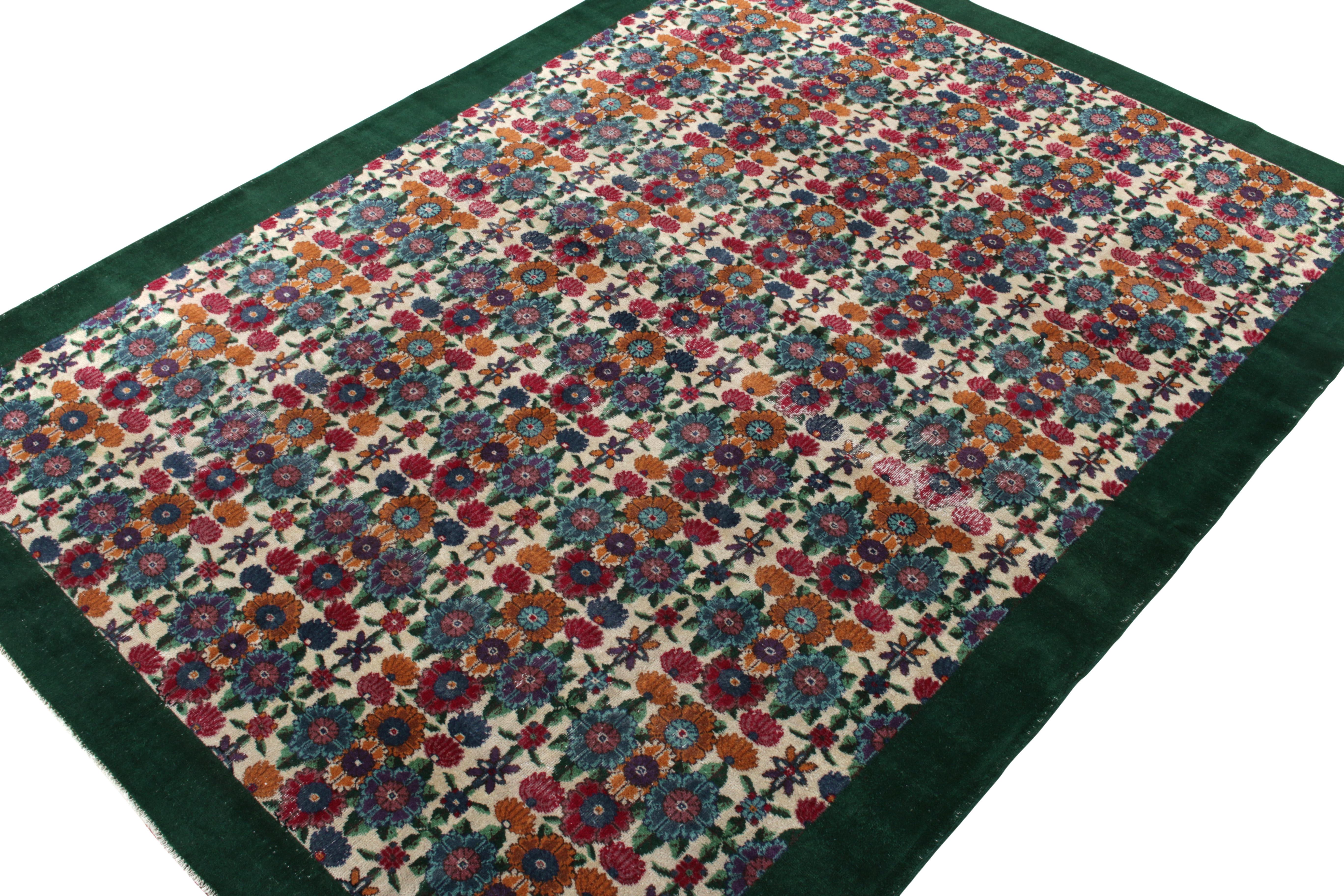 Turkish Hand-Knotted Vintage Art Deco Rug in Green, Beige, Blue Floral Pattern For Sale