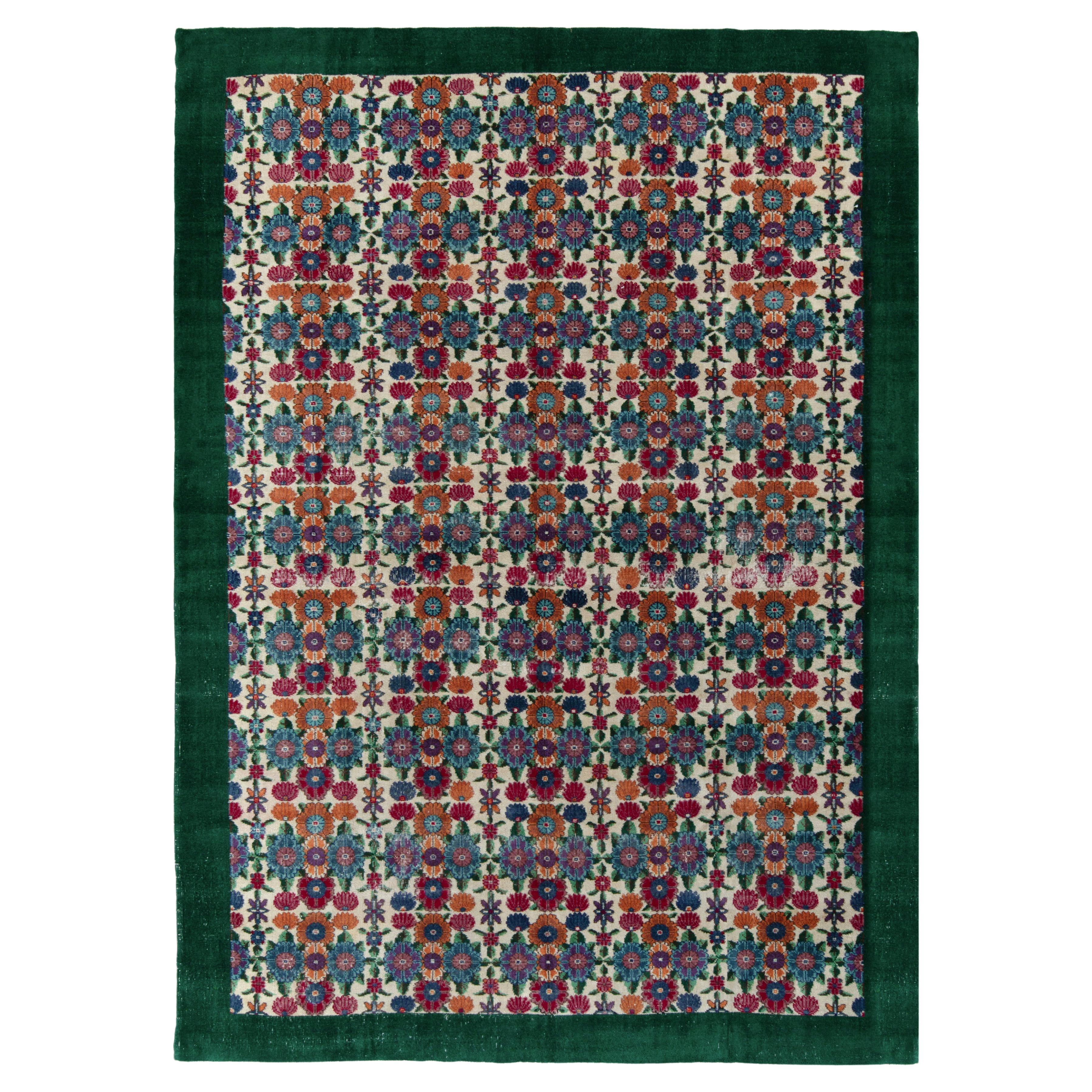 Handgeknüpfter Vintage-Art-Déco-Teppich in Grün, Beige, Blau mit Blumenmuster im Angebot