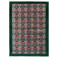 Hand-Knotted Retro Art Deco Rug in Green, Beige, Blue Floral Pattern