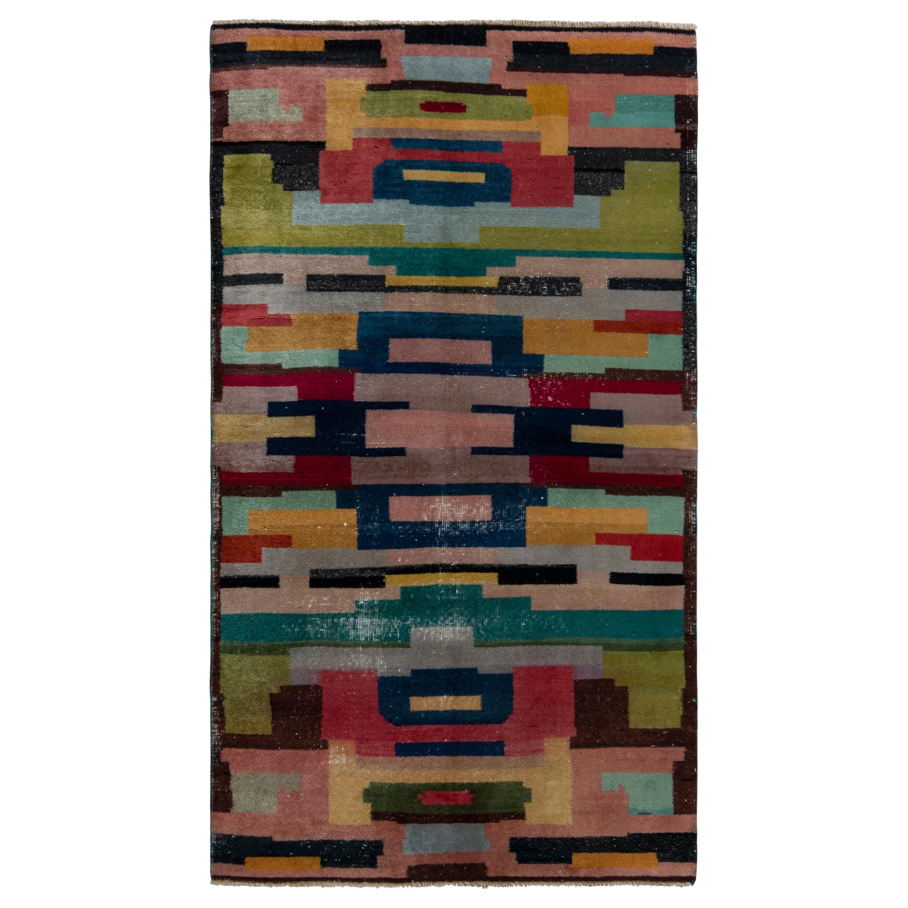 Hand-Knotted Vintage Art Deco Rug in Multicolor Geometric Pattern by Rug & Kilim For Sale