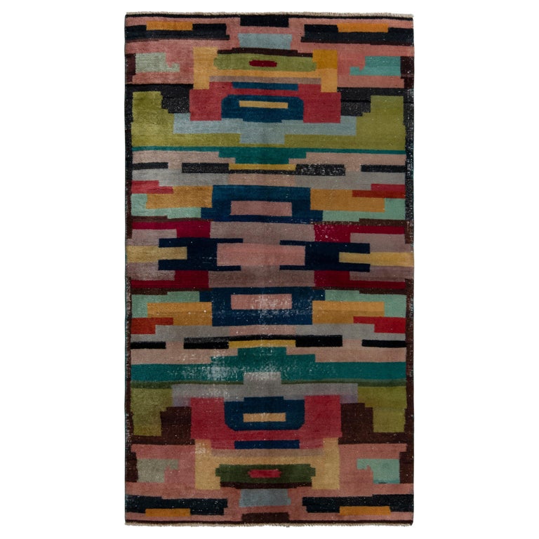 Hand-Knotted Vintage Art Deco Rug in Multicolor Geometric Pattern by ...