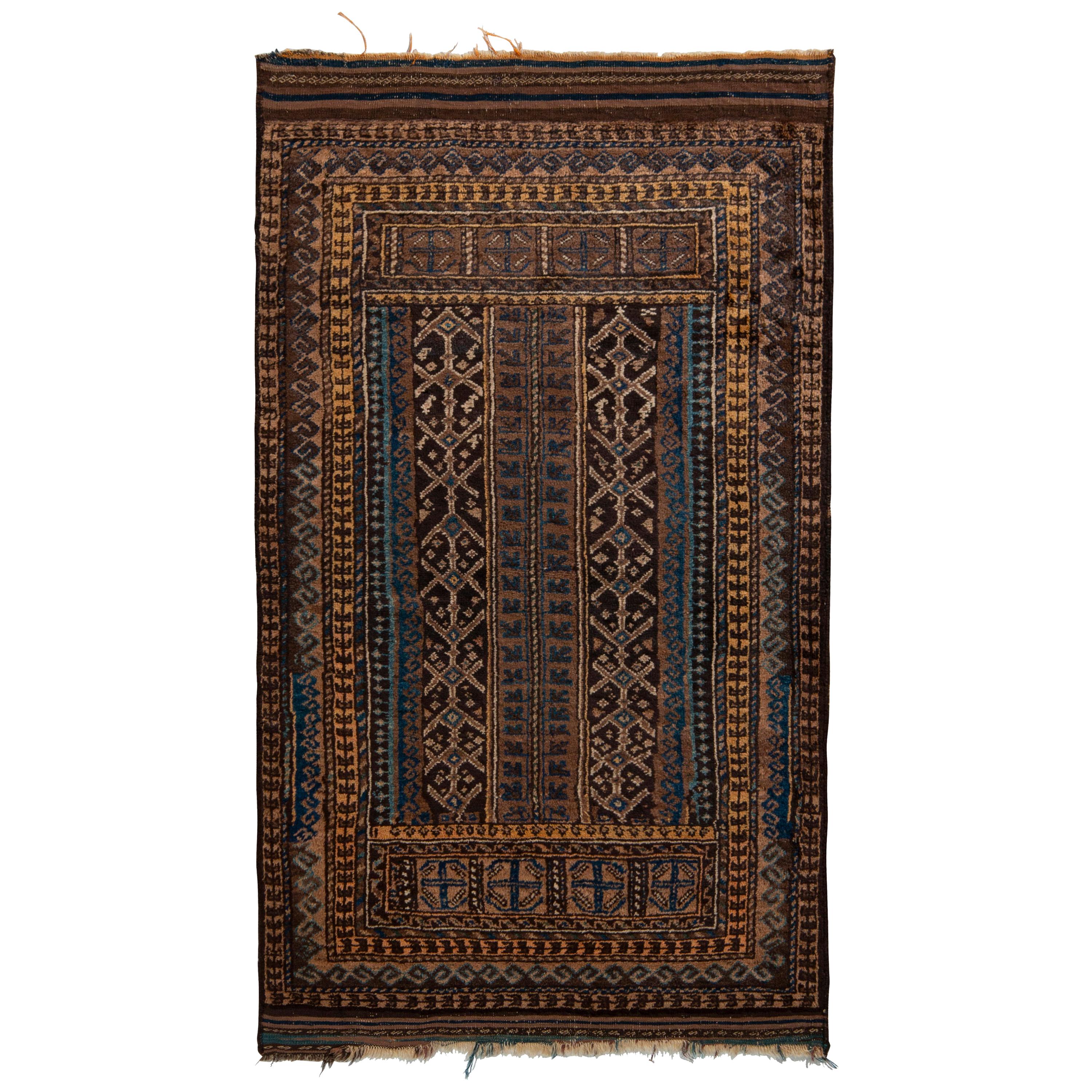 Hand Knotted Vintage Baluch Rug in Beige Tribal Runner Pattern by Rug & Kilim For Sale