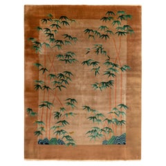 Hand-Knotted Vintage Chinese Art Deco Rug, Beige-Brown, Green Tree Patterns