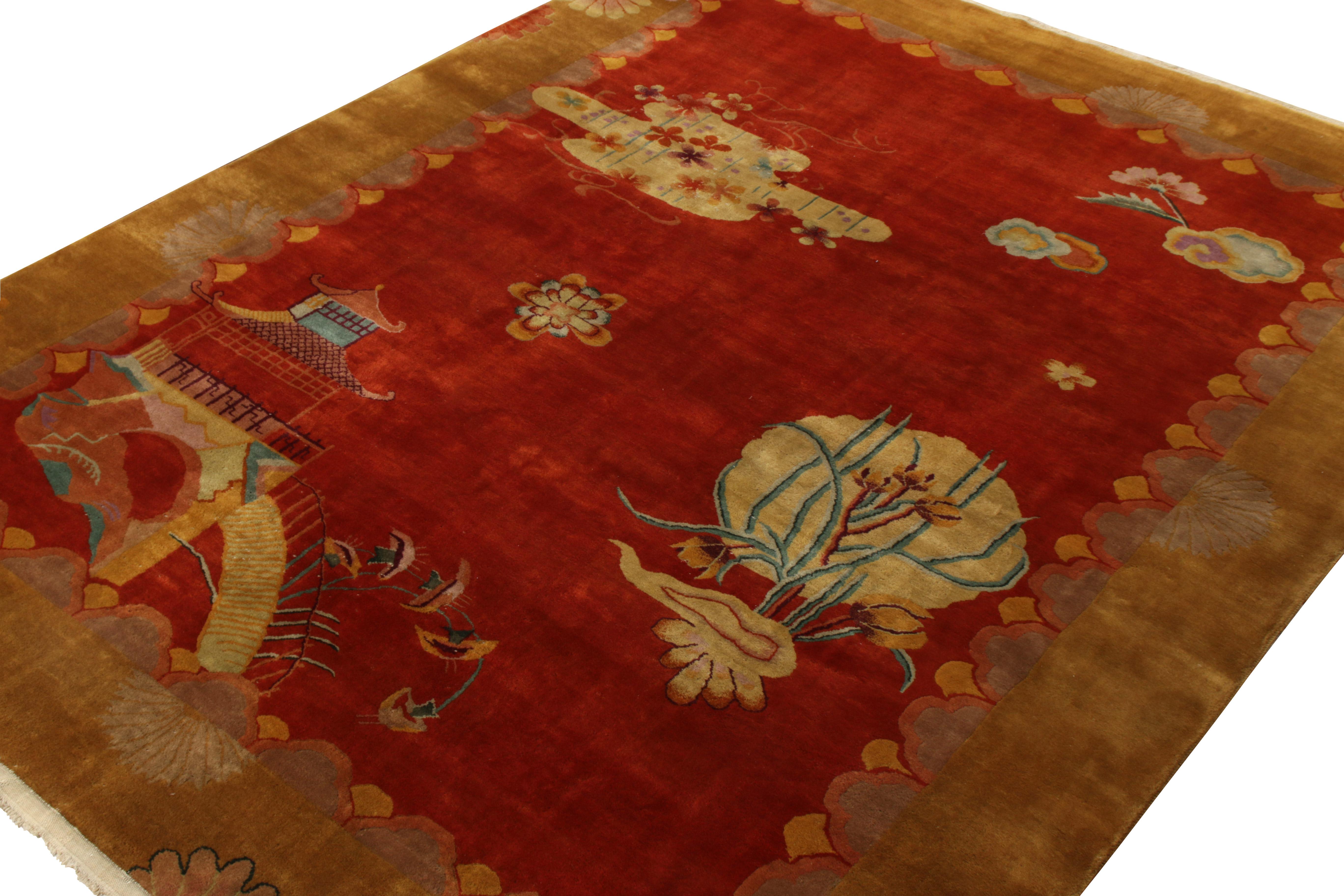 Chinesischer Art-Déco-Teppich im Vintage-Stil mit rotem und goldenem Bildmuster von Teppich & Kelim (Art déco) im Angebot