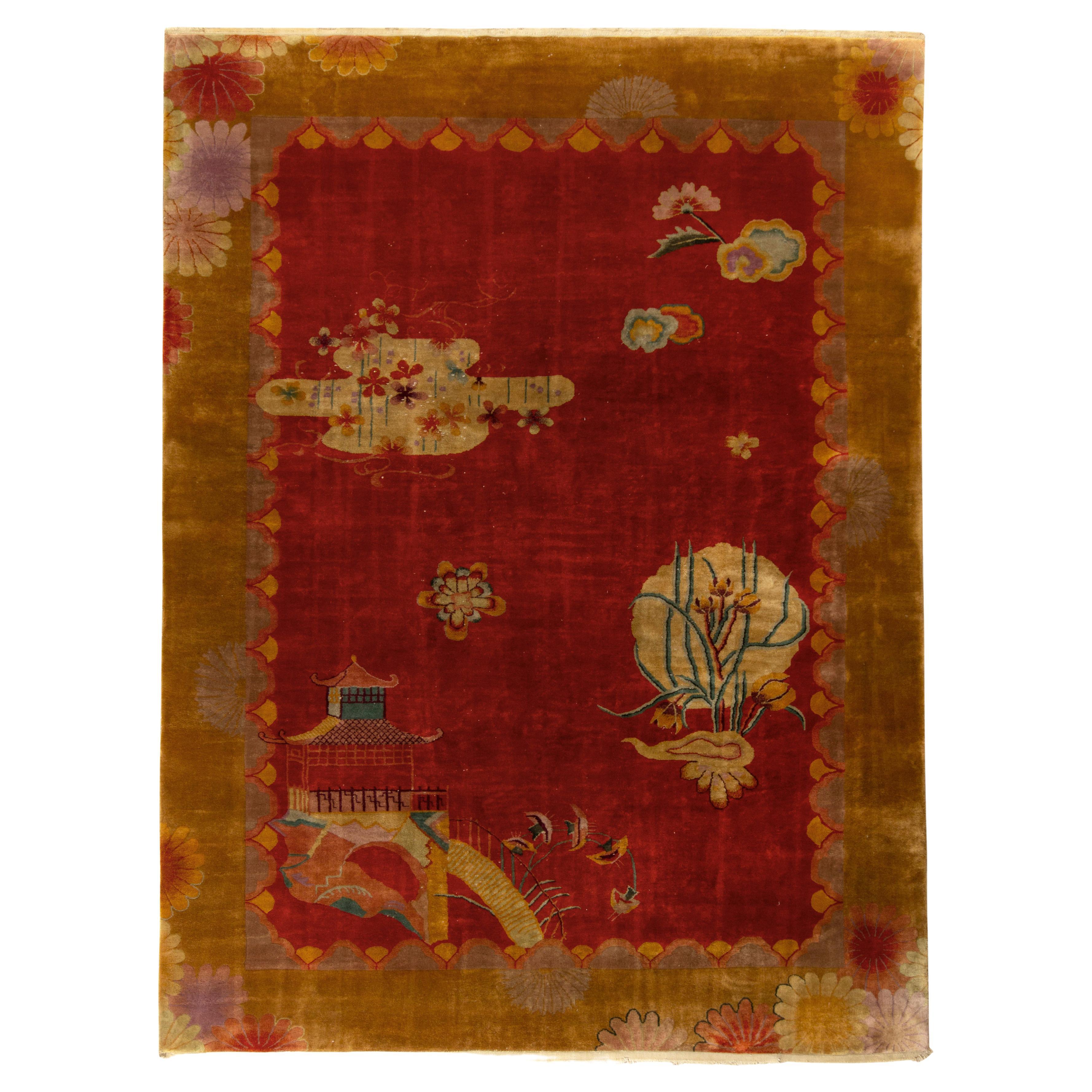 Vintage Chinese Art Deco Rug, Red and Gold Pictorial Pattern by Rug & Kilim