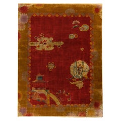 Hand-Knotted Vintage Chinese Art Deco Rug, Red and Gold Pictorial Pattern
