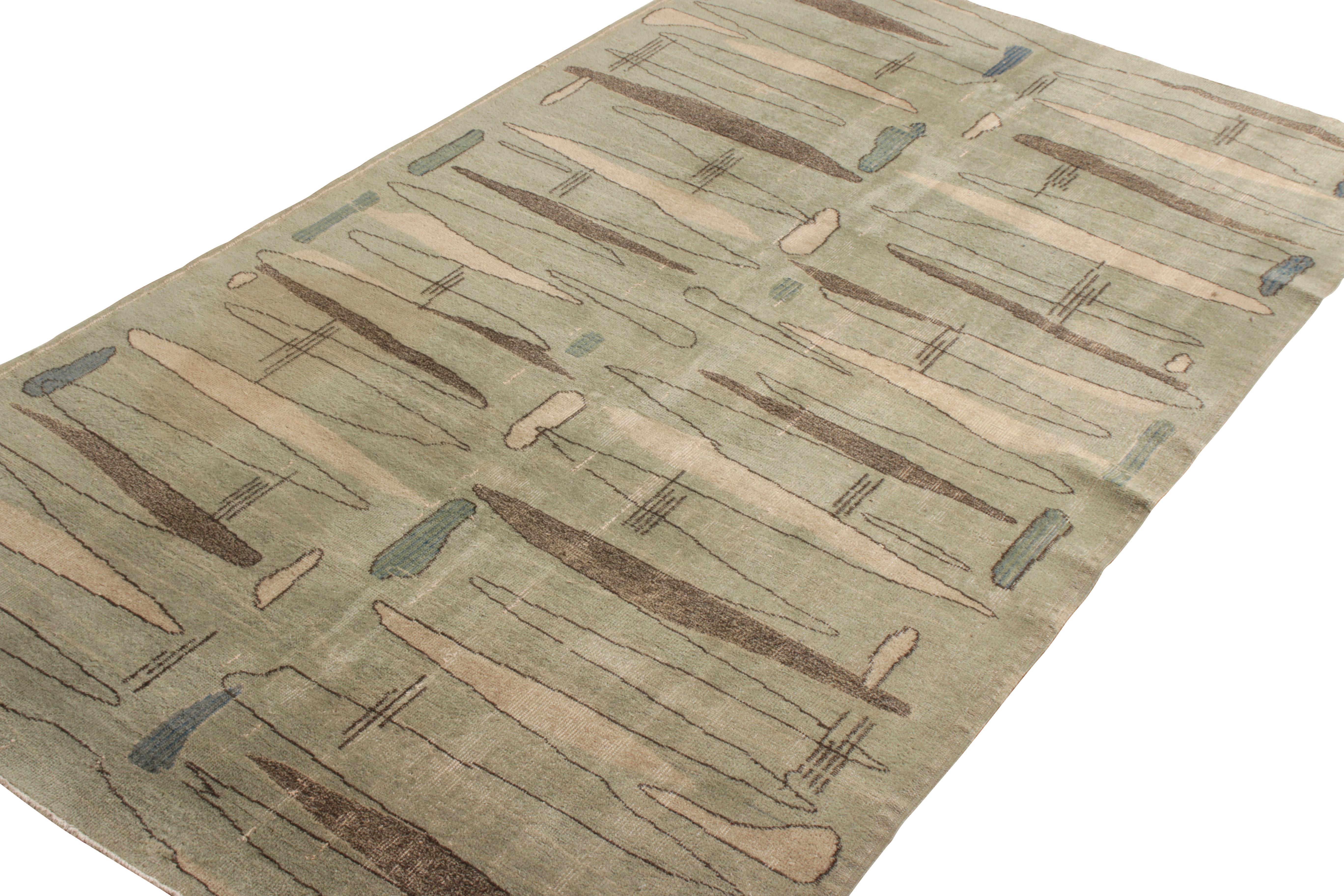 Art Deco Hand-Knotted Vintage Deco Rug in Green, Brown Geometric Pattern by Rug & Kilim For Sale