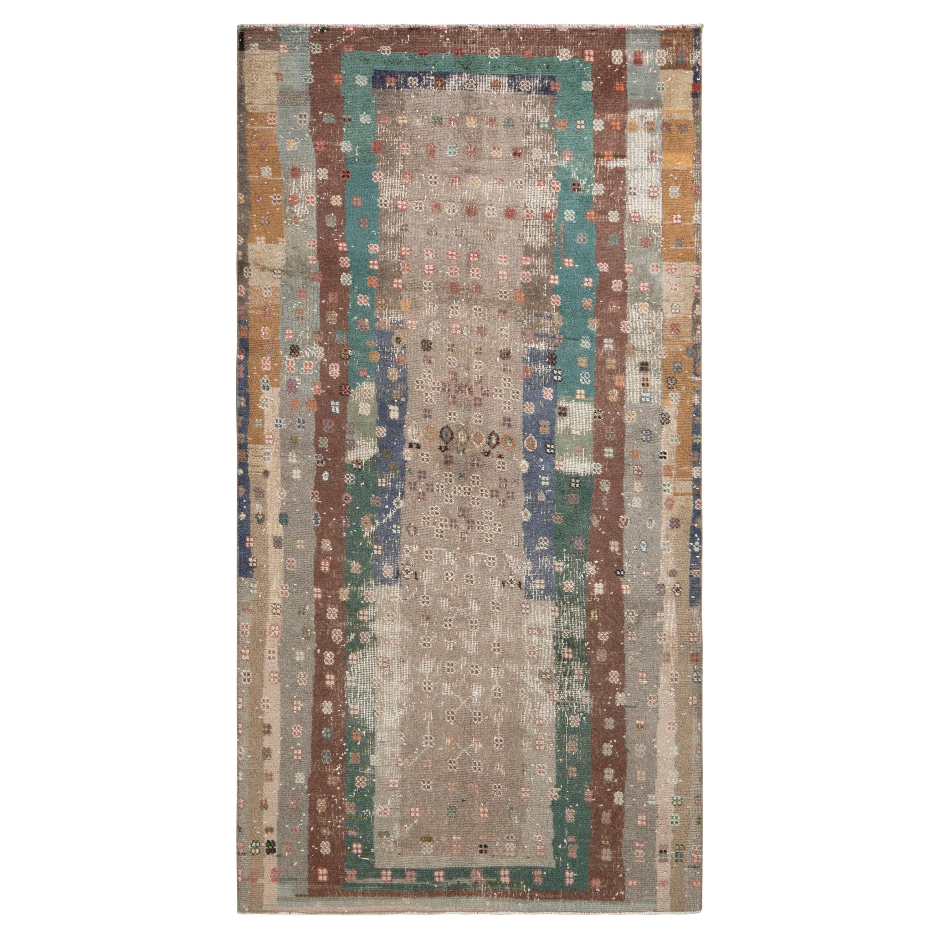 Hand-Knotted Vintage Distressed Rug in Beige Geometric Pattern by Rug & Kilim For Sale