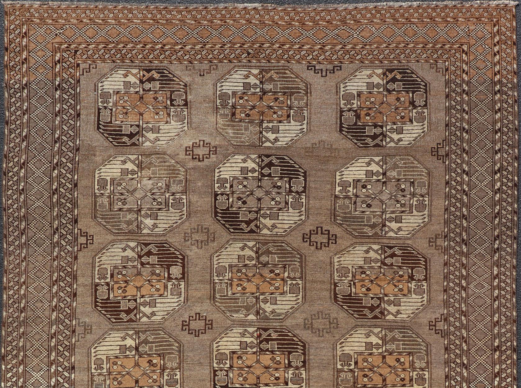 Turkestan Hand-Knotted Vintage Ersari Rug with Gul Design in Brown, Ivory  & Almond For Sale